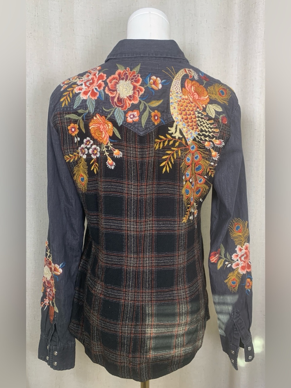 Johnny Was Workshop Embroidered Plaid Denim Shacket Boho Floral Peacock XS